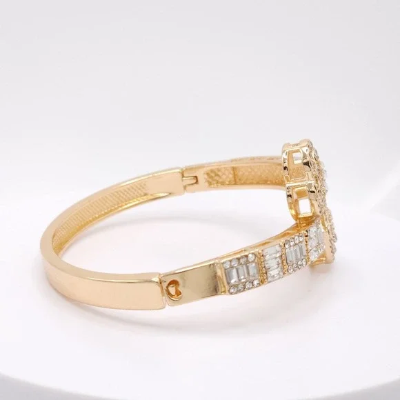 Gold Plated Double Heart Hinged Cuff Bracelet Women's CZ Bangle Romantic Jewelry - Picture 9 of 17